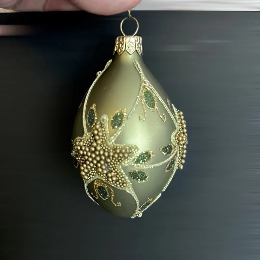 Department 56 Poland Glass Christmas Tree Ornament Olive Green Beaded